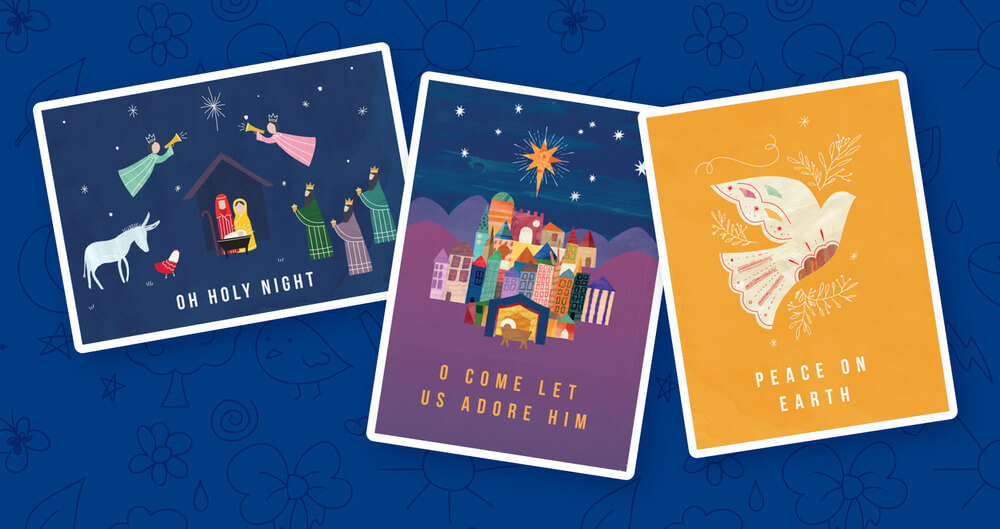 Three Christmas eCards with the Nativity scene paired with the phrase “Oh Holy Night,” Bethlehem with the sentence “O come let us adore Him,” and a dove with the phrase “peace on Earth.”