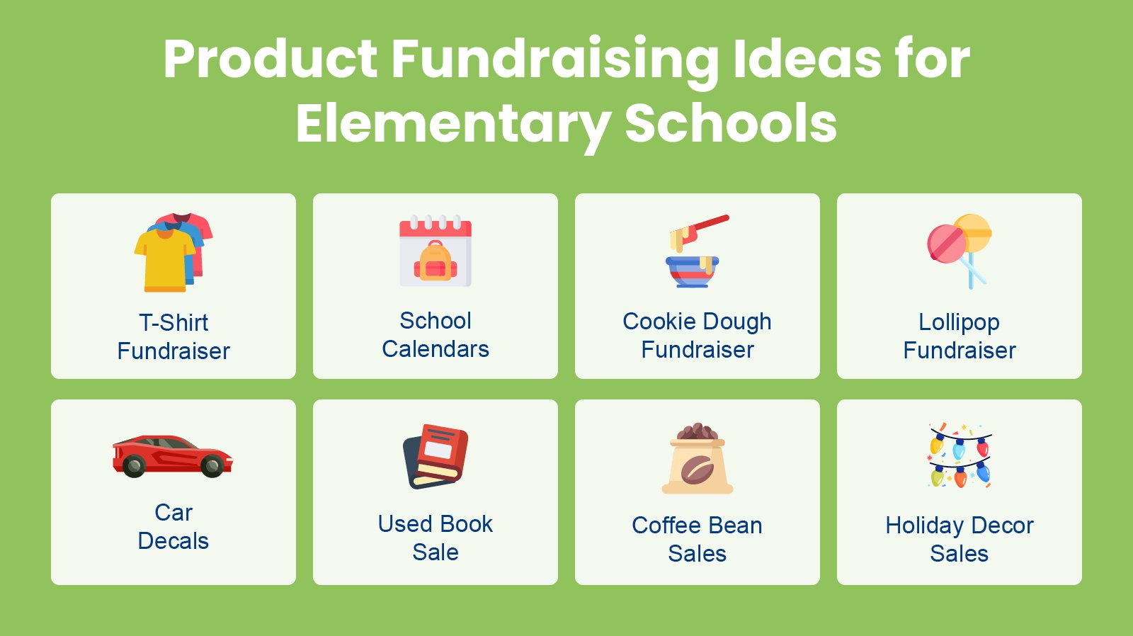 A list of product elementary school fundraising ideas, written out below