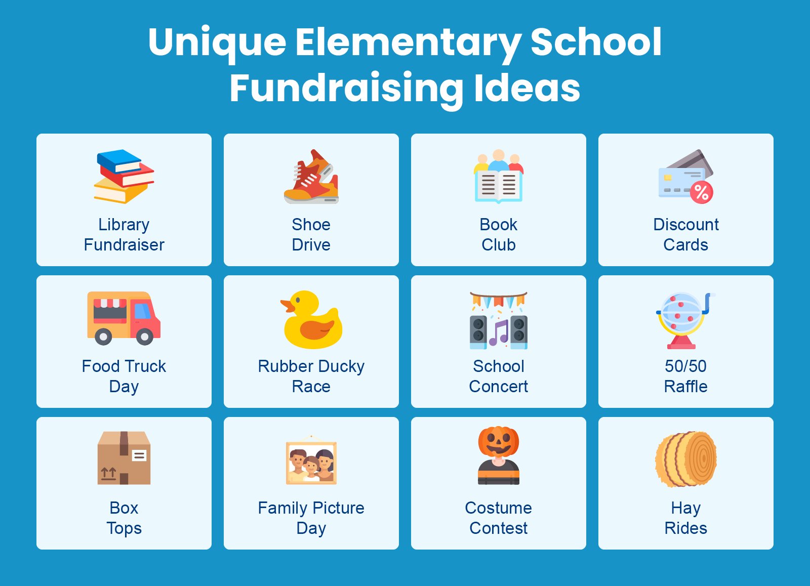 A list of unique elementary school fundraising ideas, written out below