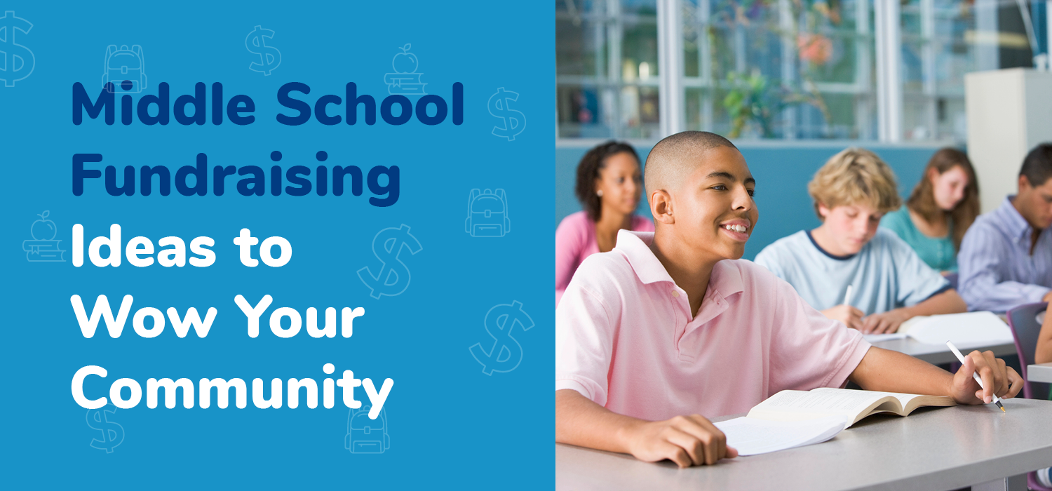 The article’s title, “Middle School Fundraising Ideas to Wow Your Community,” beside middle school students sitting in a classroom.
