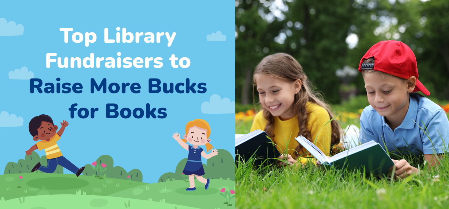 The article’s title, “Top Library Fundraisers to Raise Bucks for Books,” beside two children reading in a park.